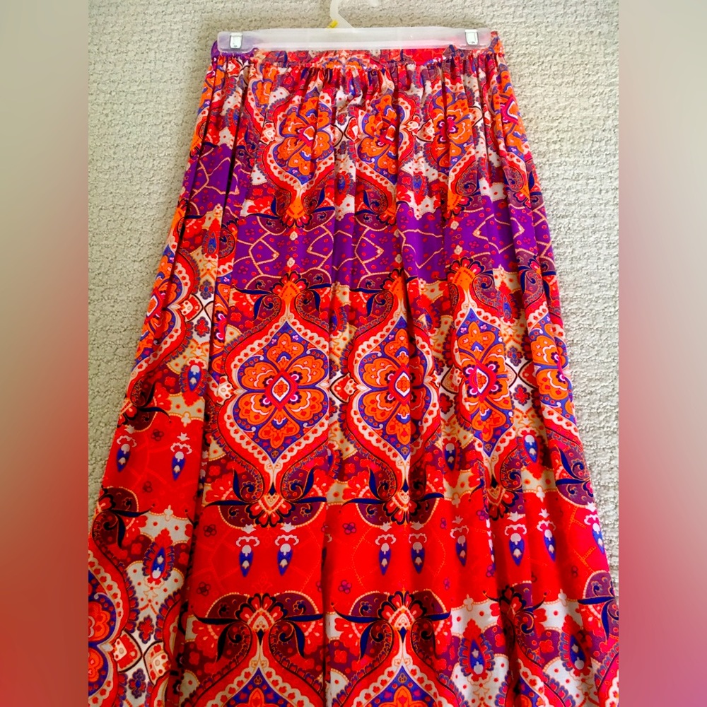 Boho Print Maxi Skirt Size XS Small Rayon Lightweight Drawstring Flowy Tiered